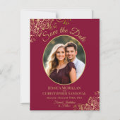 Burgundy & Gold Fancy Wedding Save the Date Photo Magnetische Uitnodiging (Voorkant)