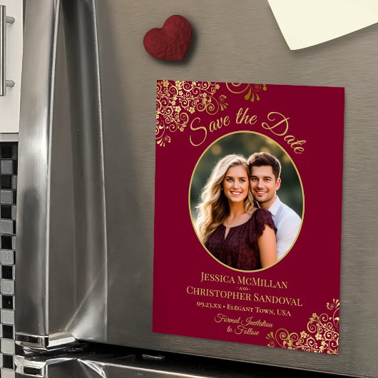 Burgundy & Gold Fancy Wedding Save the Date Photo Magnetische Uitnodiging