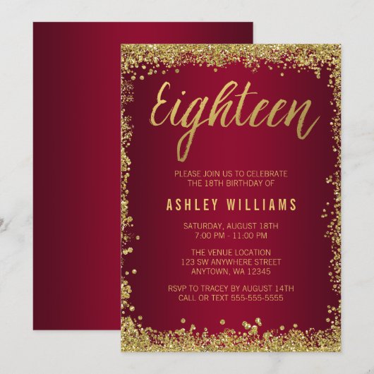 Burgundy Gold Faux Glitter 18th Birthday Kaart (Voorkant / Achterkant)