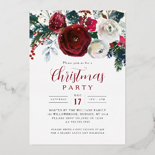 Burgundy Gold Festive Foliage Christmas Party  Folie Uitnodiging (Voorkant)