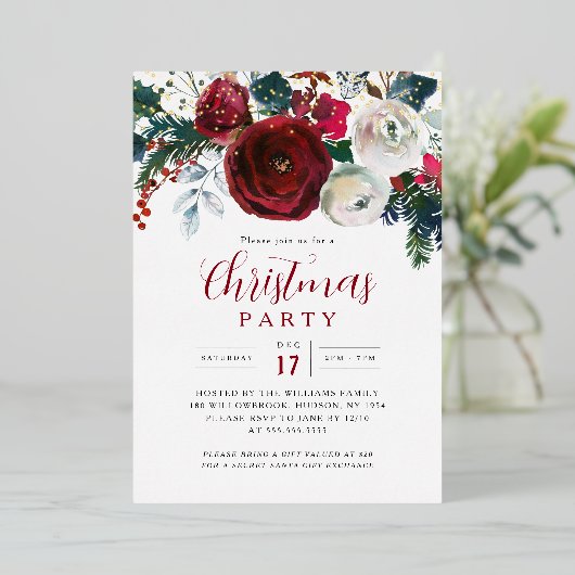 Burgundy Gold Festive Foliage Christmas Party  Folie Uitnodiging (Staand Voorkant)