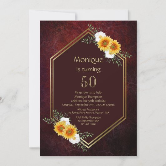 Burgundy Gold Floral 50th Birthday Party Kaart (Voorkant)