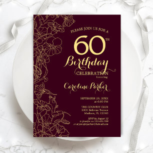 Burgundy Gold Floral 60th Birthday Party Kaart