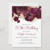 Burgundy Gold Floral 80th Birthday Party Kaart (Voorkant)