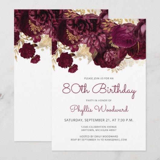 Burgundy Gold Floral 80th Birthday Party Kaart (Voorkant / Achterkant)
