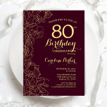 Burgundy Gold Floral 80th Birthday Party Kaart<br><div class="desc">Burgundy Gold Floral 80th Birthday Party Invitation. Minimalistisch modern marionetontwerp met botanische contouren,  faux Gold folie en typografiescriptlettertype. Eenvoudige trendy nodigt een perfecte kaart uit voor een stijlvolle feestdag in het vrouw. Kan op elke leeftijd worden aangepast. Uitnodigingen op Zazzle afdrukken of sjabloon voor digitaal afdrukken direct downloaden.</div>