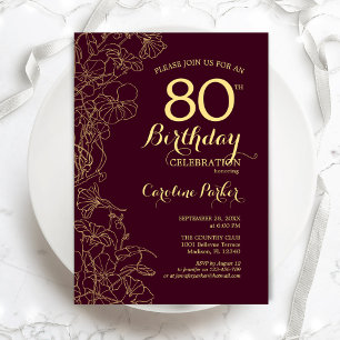 Burgundy Gold Floral 80th Birthday Party Kaart