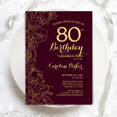 Burgundy Gold Floral 80th Birthday Party Kaart