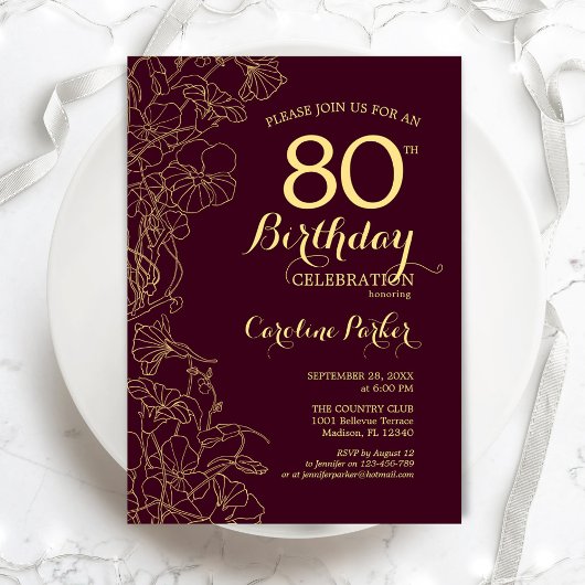 Burgundy Gold Floral 80th Birthday Party Kaart
