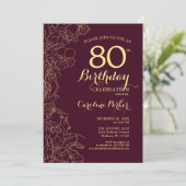 Burgundy Gold Floral 80th Birthday Party Kaart (Staand voorkant)