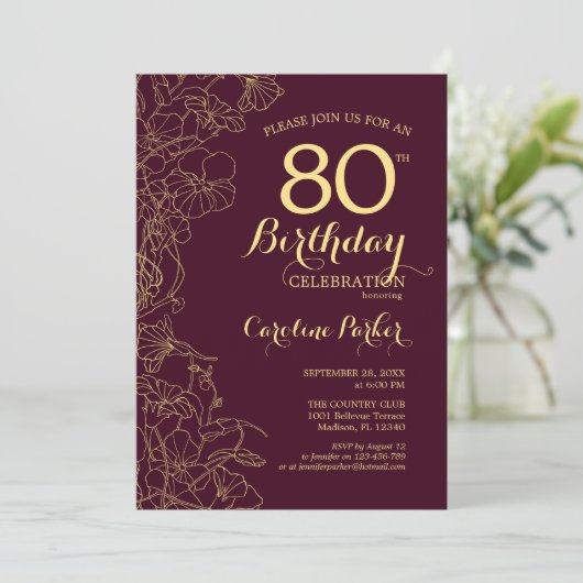 Burgundy Gold Floral 80th Birthday Party Kaart (Staand voorkant)