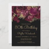 Burgundy Gold Floral 80th Birthday Party Kaart (Voorkant)