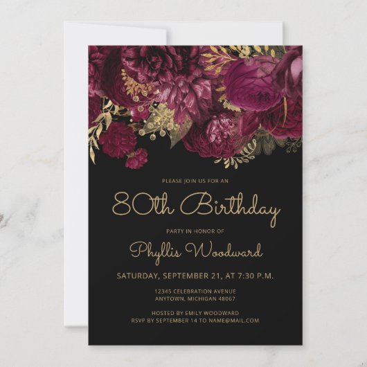 Burgundy Gold Floral 80th Birthday Party Kaart (Voorkant)