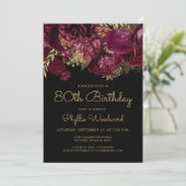 Burgundy Gold Floral 80th Birthday Party Kaart (Staand voorkant)