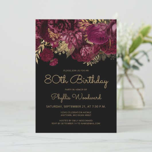 Burgundy Gold Floral 80th Birthday Party Kaart (Staand voorkant)
