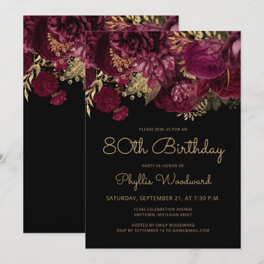 Burgundy Gold Floral 80th Birthday Party Kaart (Voorkant / Achterkant)