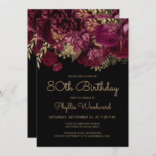 Burgundy Gold Floral 80th Birthday Party Kaart