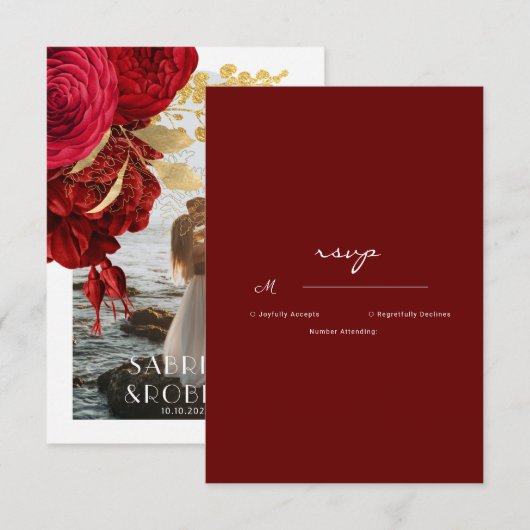 Burgundy Gold Floral Arch Photo Wedding RSVP Kaartje (Voorkant / Achterkant)
