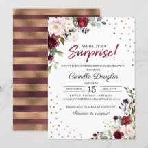 Burgundy Gold Floral Birthday Uitnodiging