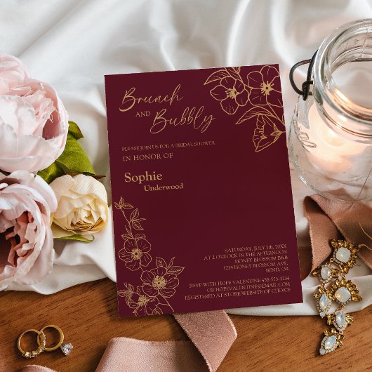 Burgundy Gold Floral Bridal Brunch en brabbel Kaart