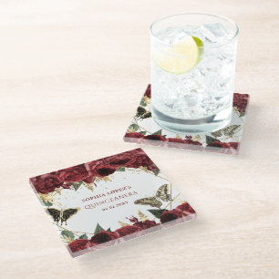 Burgundy Gold Floral Butterflies Quinceanera Glazen Onderzetter