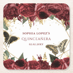 Burgundy Gold Floral Butterflies Quinceanera Kartonnen Onderzetters
