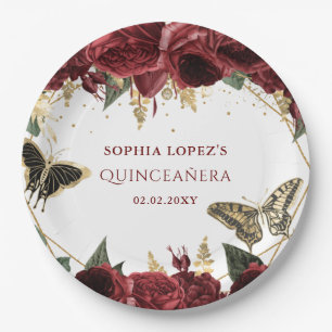 Burgundy Gold Floral Butterflies Quinceanera Papieren Bordje