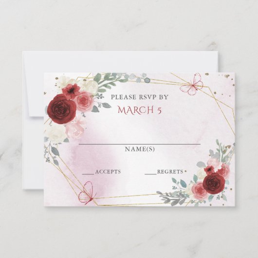 Burgundy Gold Floral Butterflies Quinceanera RSVP Kaartje (Voorkant)