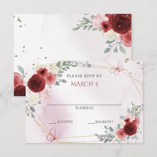 Burgundy Gold Floral Butterflies Quinceanera RSVP Kaartje (Voorkant / Achterkant)