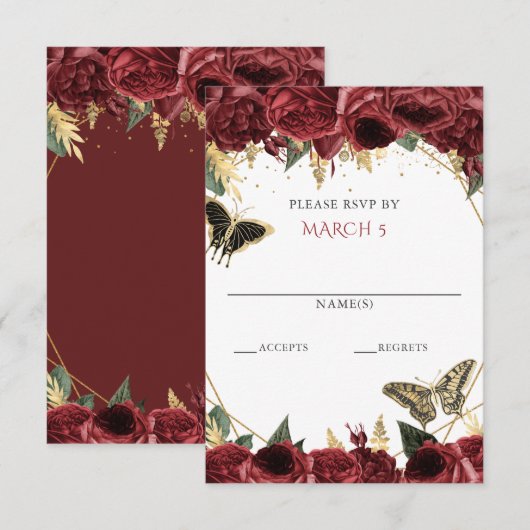 Burgundy Gold Floral Butterflies Quinceanera RSVP Kaartje (Voorkant / Achterkant)