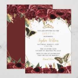 Burgundy Gold Floral Butterfly Sweet 16 Kaart