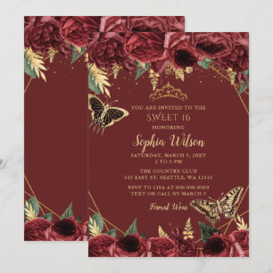 Burgundy Gold Floral Butterfly Sweet 16 Kaart