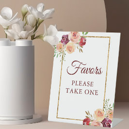 Burgundy Gold Floral Chic Autumn Wedding Favors Reclamebord Met Voetstuk