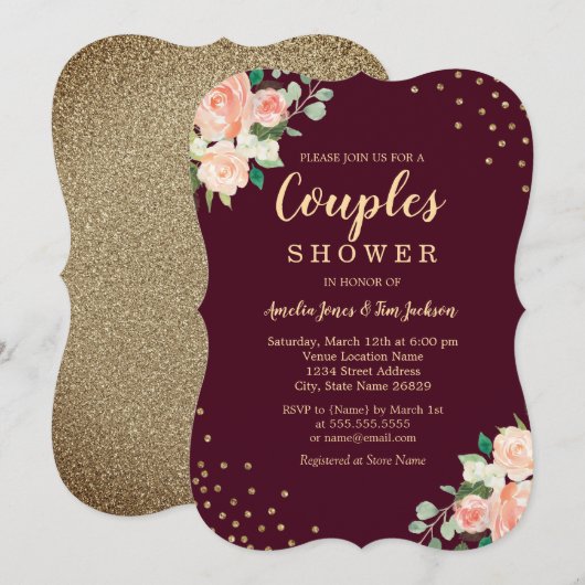 Burgundy Gold Floral Confetti Couples Shower Kaart (Voorkant / Achterkant)