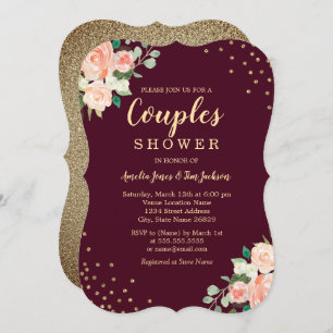 Burgundy Gold Floral Confetti Couples Shower Kaart