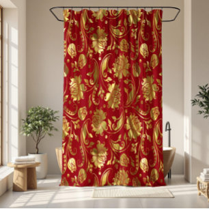 Burgundy & Gold Floral Damaspattern Douchegordijn