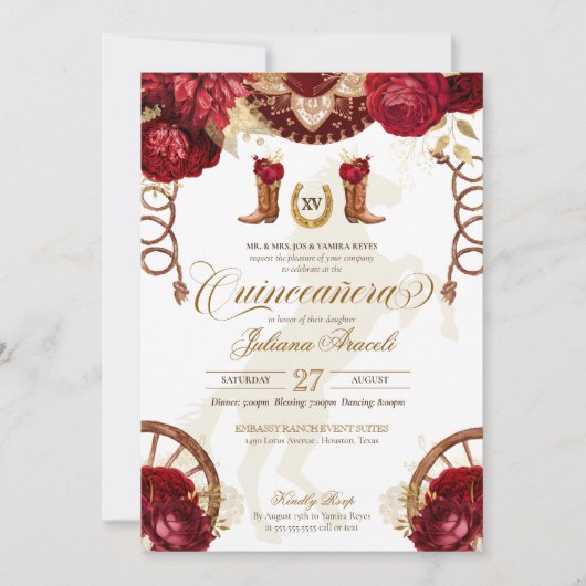 Burgundy & Gold Floral Elegant Charro Quinceañera Kaart (Voorkant)