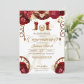 Burgundy & Gold Floral Elegant Charro Quinceañera Kaart (Staand voorkant)