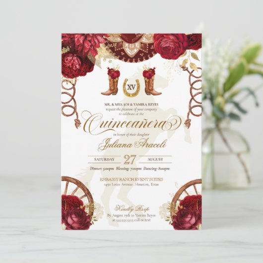 Burgundy & Gold Floral Elegant Charro Quinceañera Kaart (Staand voorkant)