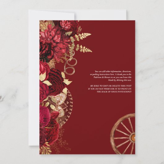 Burgundy & Gold Floral Elegant Charro Quinceañera Kaart (Achterkant)