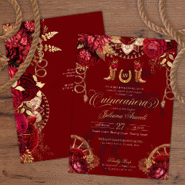 Burgundy & Gold Floral Elegant Charro Quinceanera Kaart