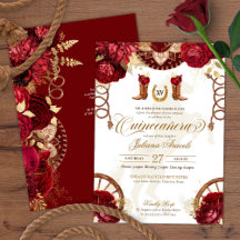 Burgundy & Gold Floral Elegant Charro Quinceañera