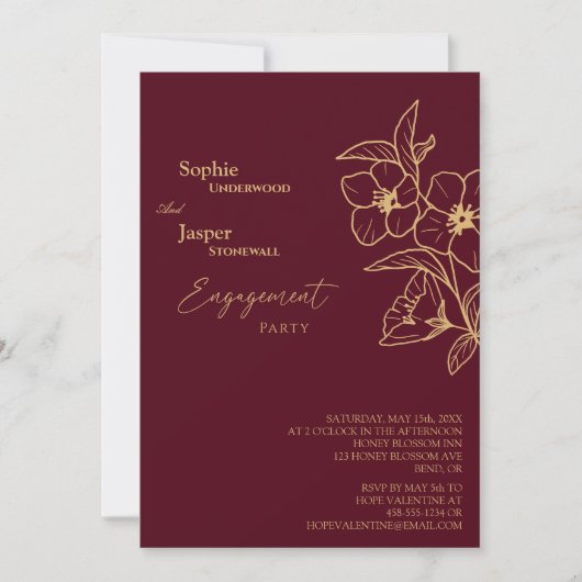 Burgundy Gold Floral Engagement Party Kaart (Voorkant)