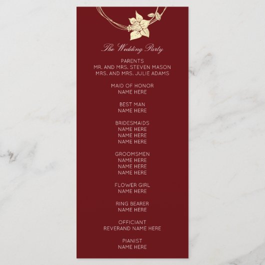 Burgundy Gold Floral Event Programme Maroon Red Programmakaart (Achterkant)