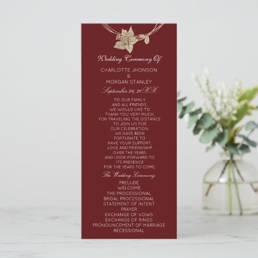 Burgundy Gold Floral Event Programme Maroon Red Programmakaart (Staand voorkant)