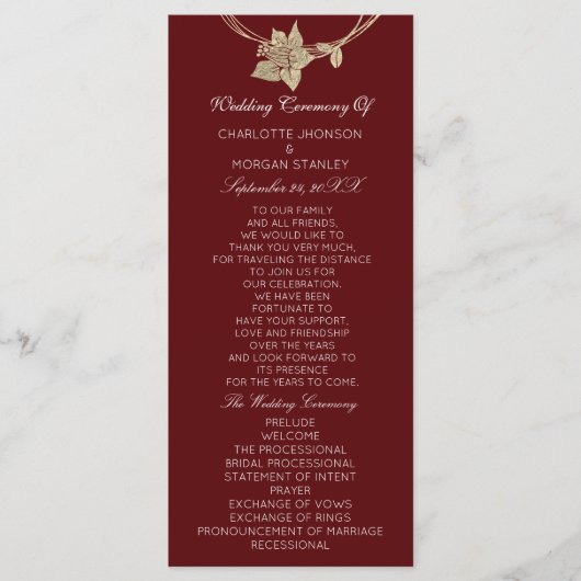 Burgundy Gold Floral Event Programme Maroon Red Programmakaart (Voorkant)
