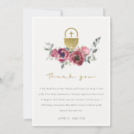 BURGUNDY GOLD FLORAL FIRST HOLY COMMUNION BEDANKKAART