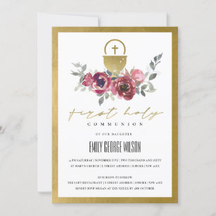BURGUNDY GOLD FLORAL FIRST HOLY COMMUNION INVITE BEDANKKAART