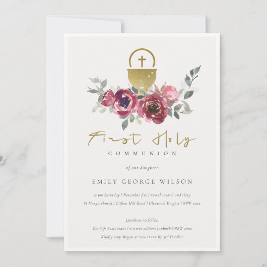 BURGUNDY GOLD FLORAL FIRST HOLY COMMUNION INVITE BEDANKKAART (Voorkant)