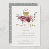 BURGUNDY GOLD FLORAL FIRST HOLY COMMUNION INVITE BEDANKKAART (Voorkant / Achterkant)